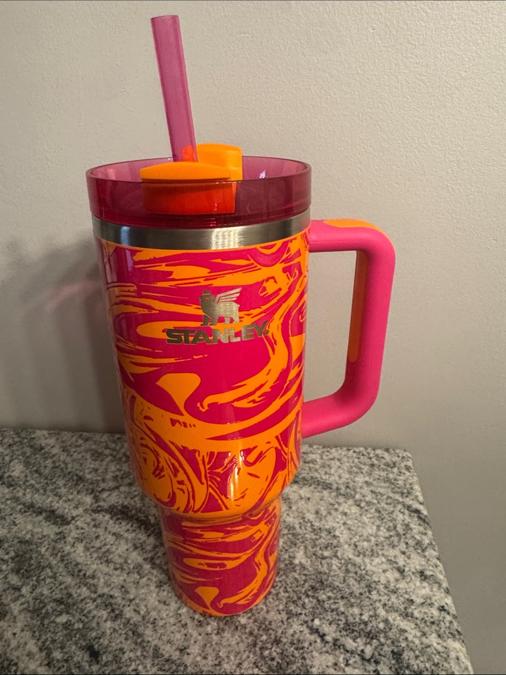 Stanley Pink and Orange Swirl Insulated Travel Tumbler with Handle